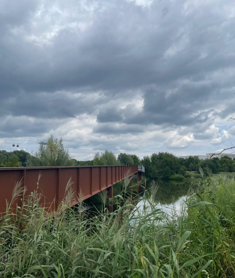 Rostbalken/Wuhlsteg beim Wuhleteich Blick auf die den Rostbalken bzw. Wuhlesteg über die Wuhle in Richtung Osten - umgeben von Vegetation und Wolken.